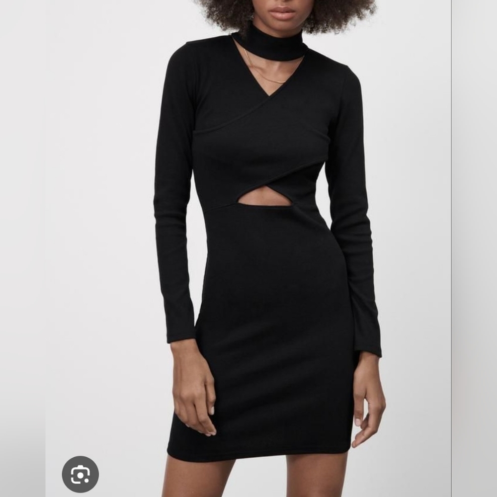 Zara Black Long Sleeve Ribbed Cut Of Choker  Neck Bodycone Dress Large.
